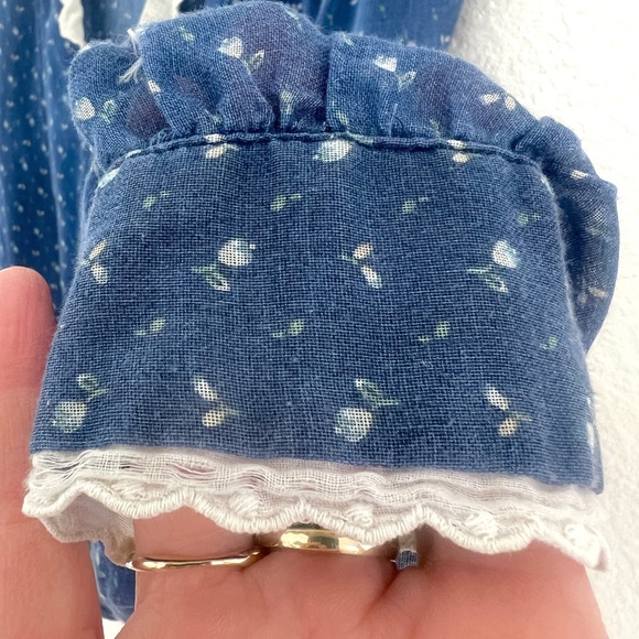 VINTAGE prairie thin blue floral lace collar blouse / size S - Picture 4 of 5